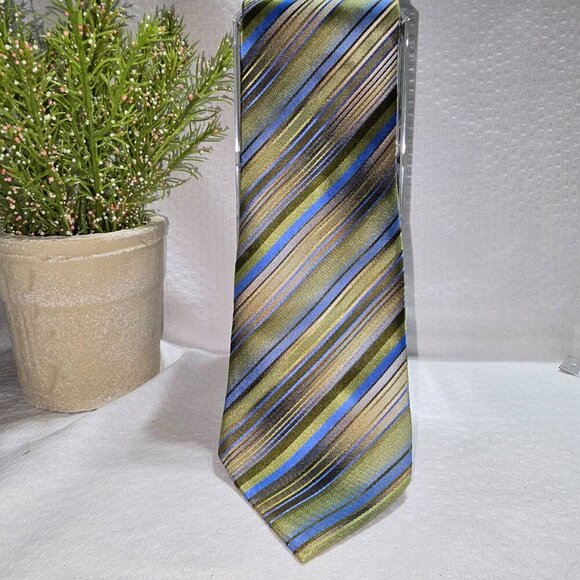 VAN HEUSEN SILK TIE STAIN RESISTANT DIAGONAL STRIPES IN GREEN BLUE TAN EUC - Picture 1 of 7